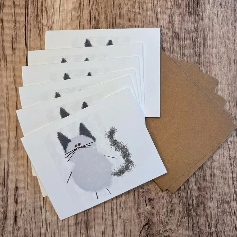 Greeting Cards Blank Notes Cat Lover Gray Cat 6 w/Envelopes Custom Art NEW!